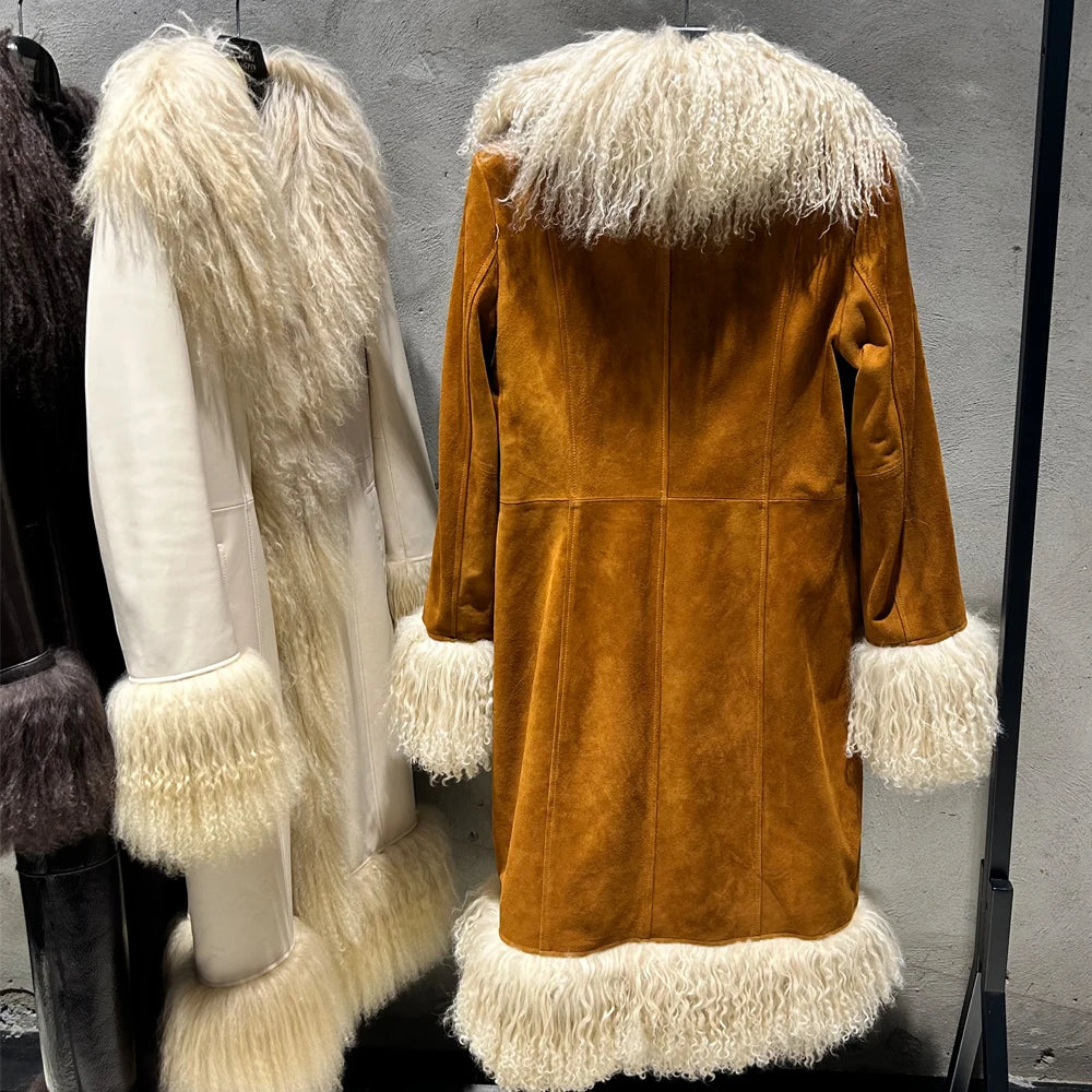 Winter Suede Long Fur Coat Mongolia Long Sheep Fur Collar New Arrival Camel Fur Jacket