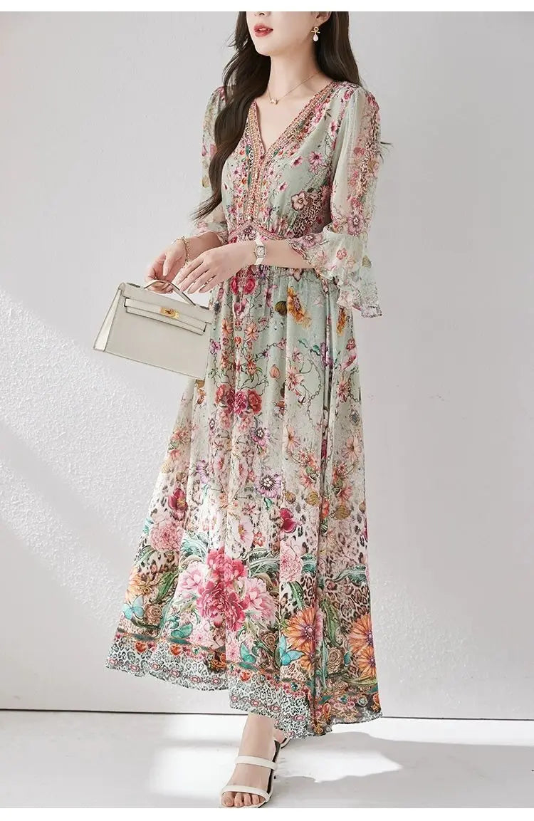 Green Silk Dress for Women in the Summer of 2026 Luxurious High-end Exquisite and Elegant Temperament Mulberry Silk Vacation WLF
