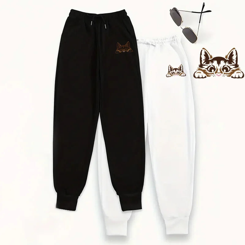 Women's Sweatpants 2 Pack Pure Color Joggers Fall Winter Casual Lounge Wear Comfort Fit Sporty Pants Cute Cat Print 2piece Pants