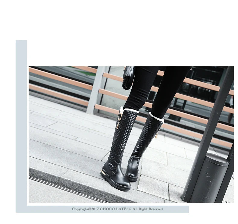 Raised Checkerboard With Metal Square Buckle Warmth Plush Lining Women's Snow Boots Flat Bottoms Elevated Knee Length Boots