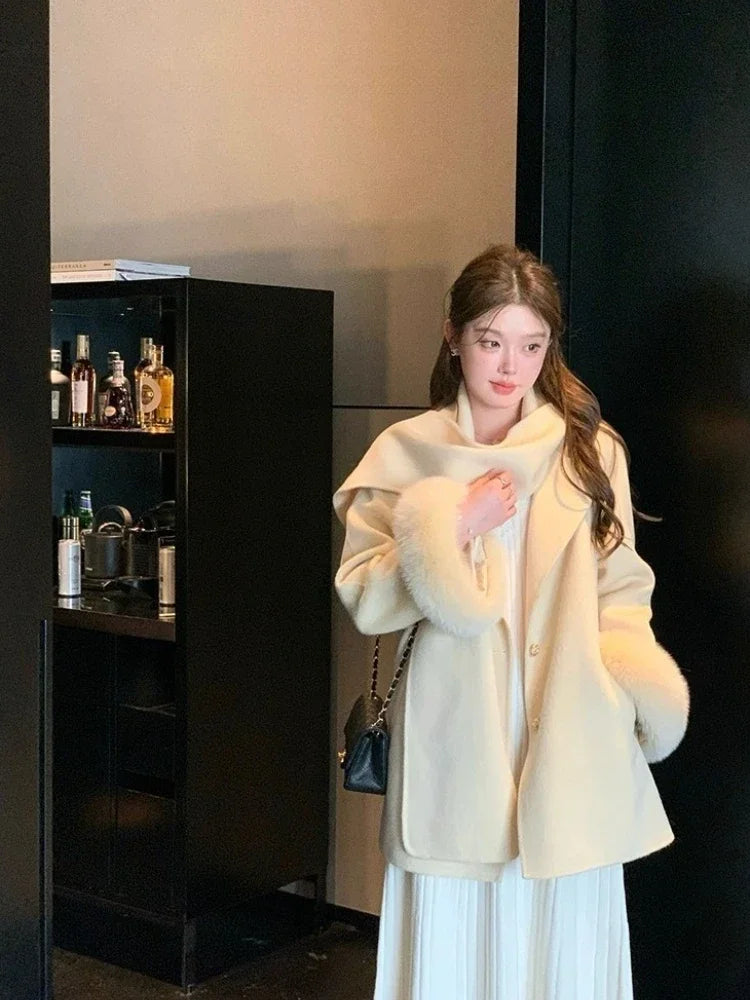 Elegant Wool Coat Warm Women Double Faced Luxury Real Fox Fur Sleeves 100 Wool Scarf Autumn Winter 2025 New Fashion Trench Coat