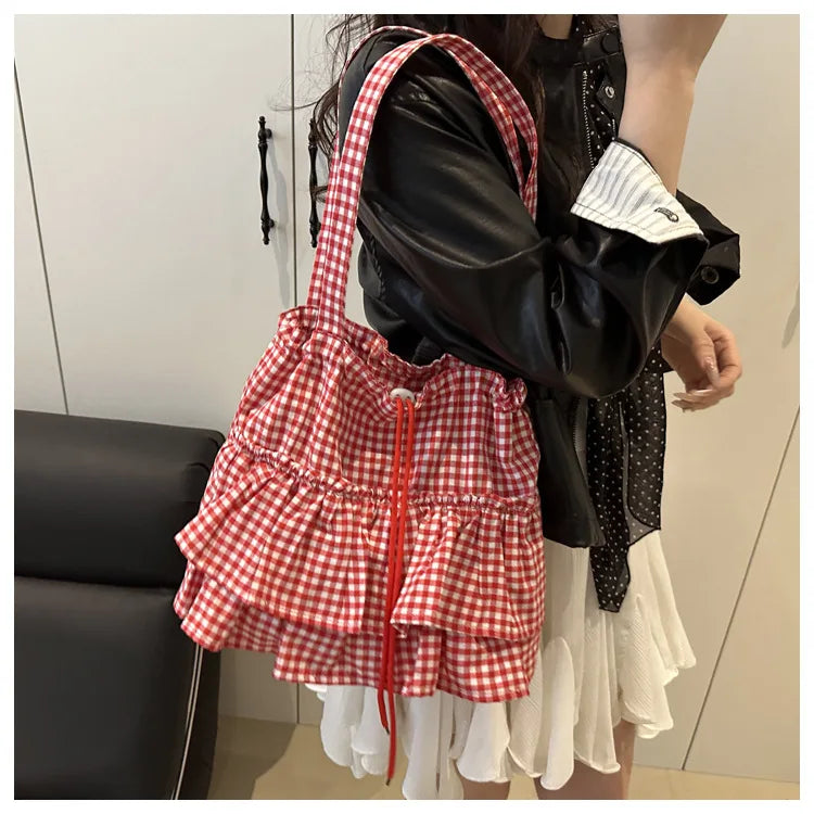 Women's Tote Bag Ruffles Plaid Drawstring Handbag Women Fashion Canvas Shoulder Bags	Large Capacity Korean Bags Bolsos De Mujer