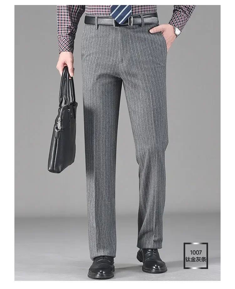 Vintage Autumn Winter Thicken Wool Fleece Suit Pants Men Middle Age High Waist Straight Loose Business Casual Straight Trousers