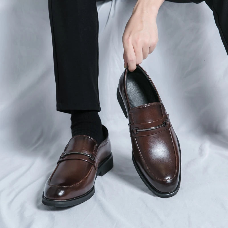 Men's Formal Leather Shoes Classic Style Slip On Loafers Round Toe Breathable Non-Slip Business Dress Wedding Office Casual Shos
