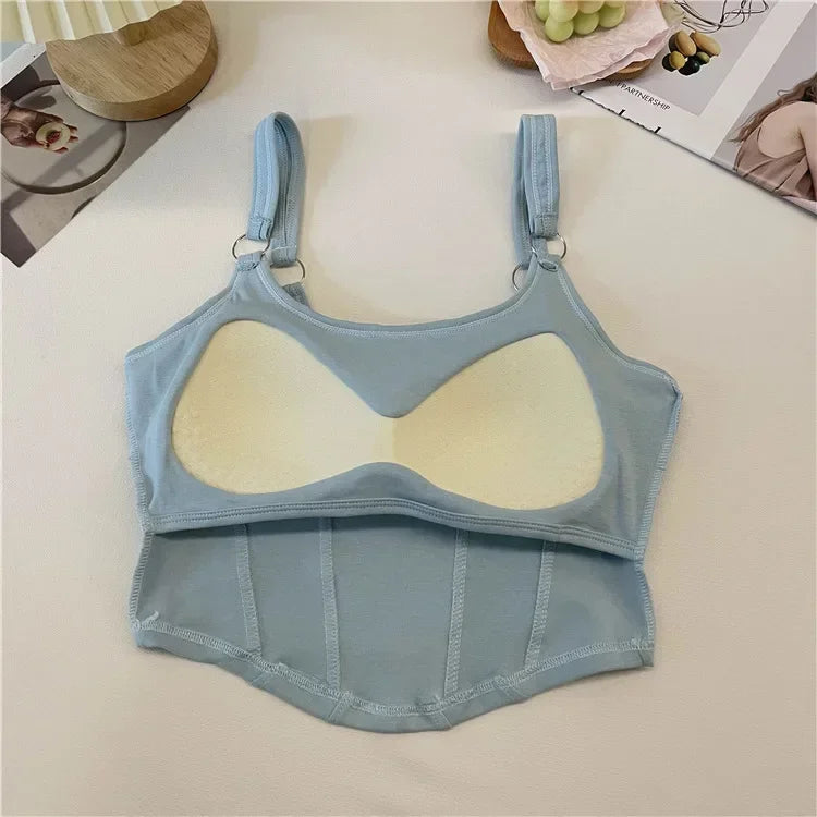 Women Summer Tops Sexy Camisole Square Collar Tank Top Y2k Slveless Female Crop Tops With Pad Fashion Vest Embroidery Letter