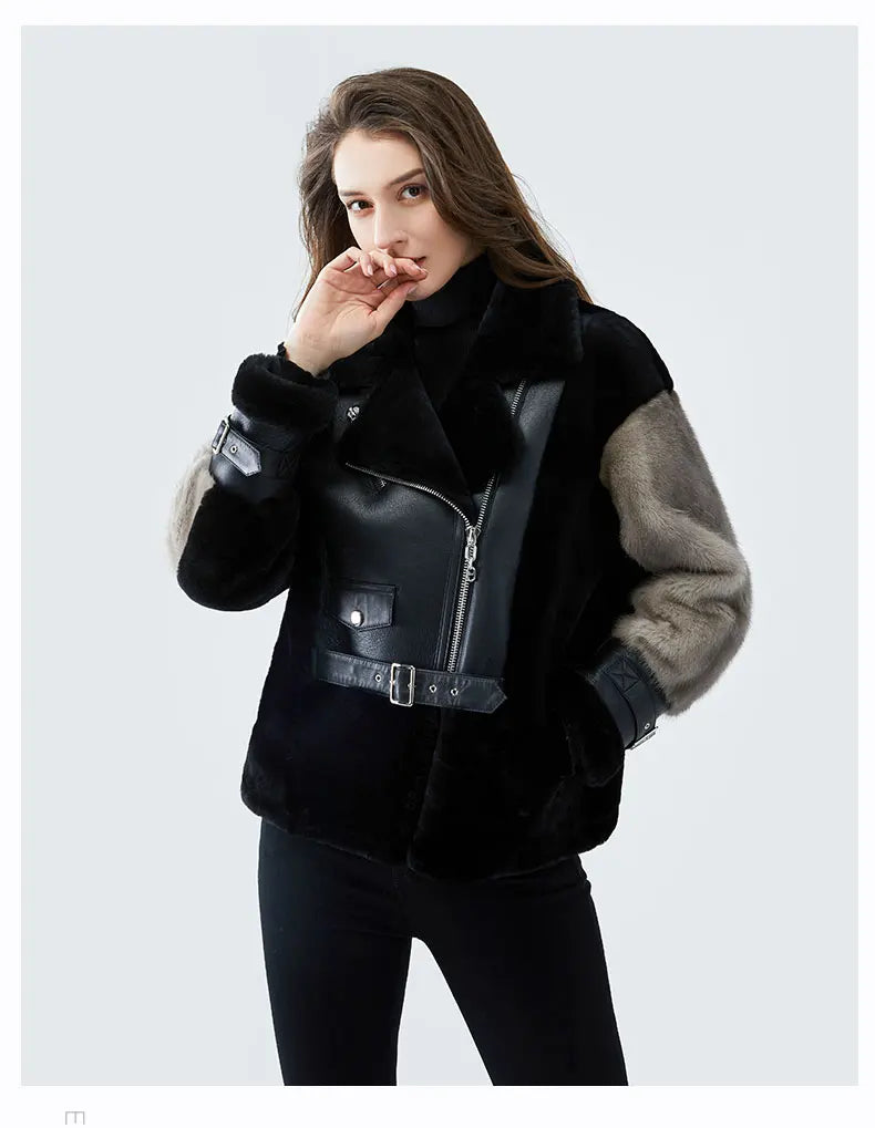 Sheepskin Coat For Women Winter Merino Fur Real Sheep Fur Jacket With Real Mink Fur Sleeve Motorcyle Female Winter Clothings