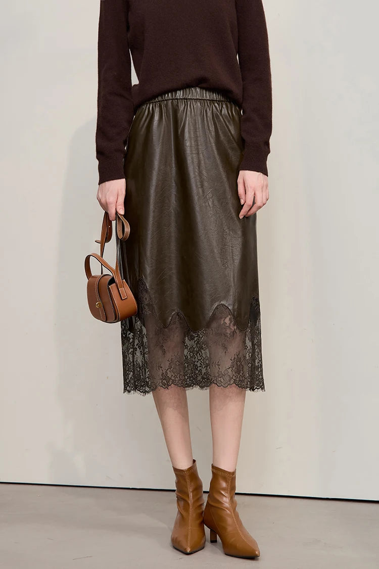 AMII Women's Skirt 2025 Autumn New Minimalist Versatile Clothing Ladies Leather Splicing Lace Solid A-line Midi Skirt 12543095