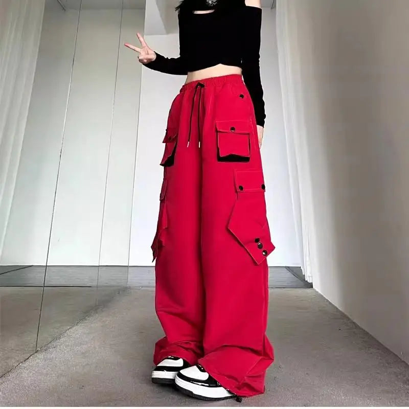 American High Street Workwear Casual Pants Women Loose Color Block Straight Leg Long Pants Pocket High Waist Wide Leg Trousers