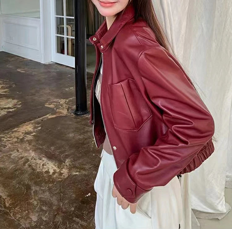 European 2025 New Fashion Short Leather Jacket For Women Casual Elastic Band Waist Top Clothing Mujer Varsity Claret Veste