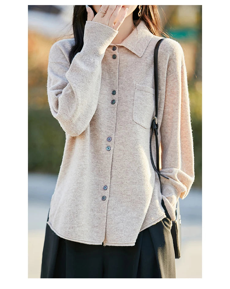 POLO Collar Wool Sweater 100 Pure Wool Spring And Autumn New Knitted Women Loose And Slimming Cardigan ZA682