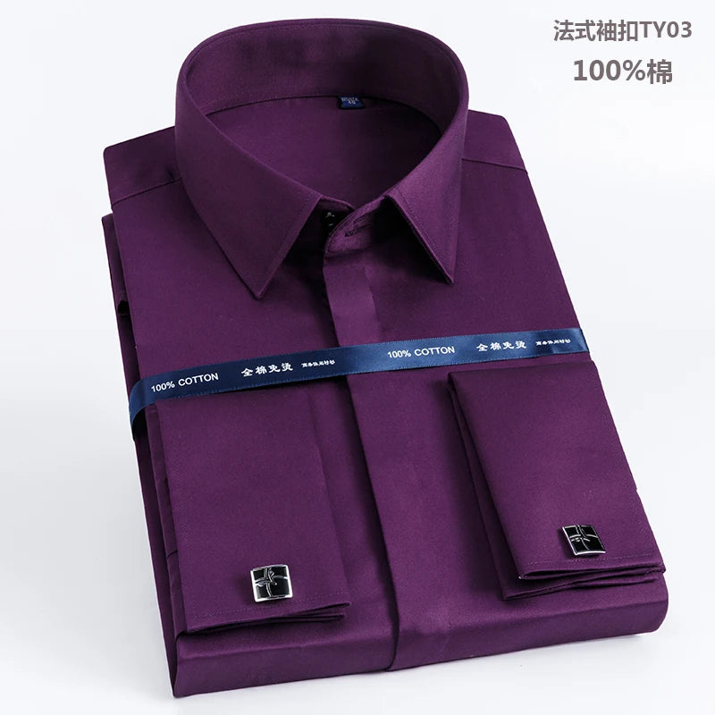 Men's French cufflinks shirt made of pure cotton long sleeved slim fit concealed button, solid color high end wedding dre