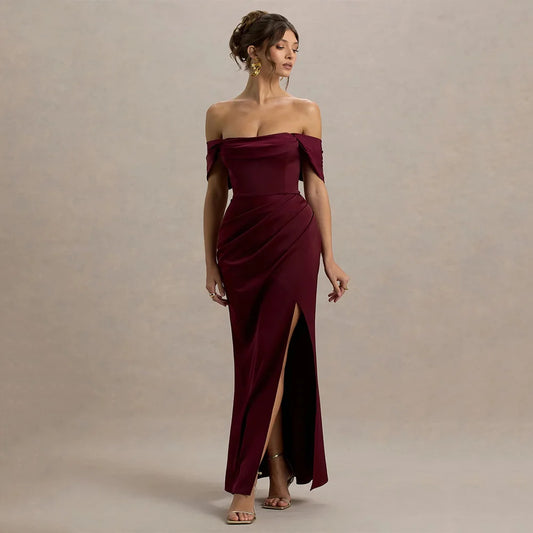 DRESS FORU Elegant Red Evening Dress Jersey for Floor-Length One Word Collar Prom Party Sheath Vestidos De Fiesta Customized