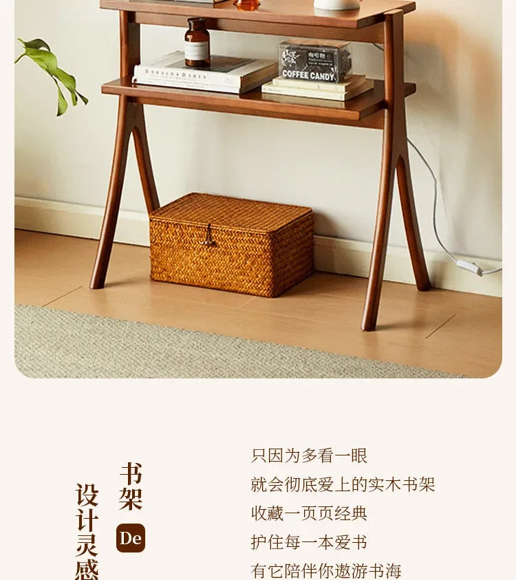 Walnut Solid Wood Middle Ancient Style Sofa Corner Shelf Narrow Cabinet Floor Bookshelf for Small Living Room Storage