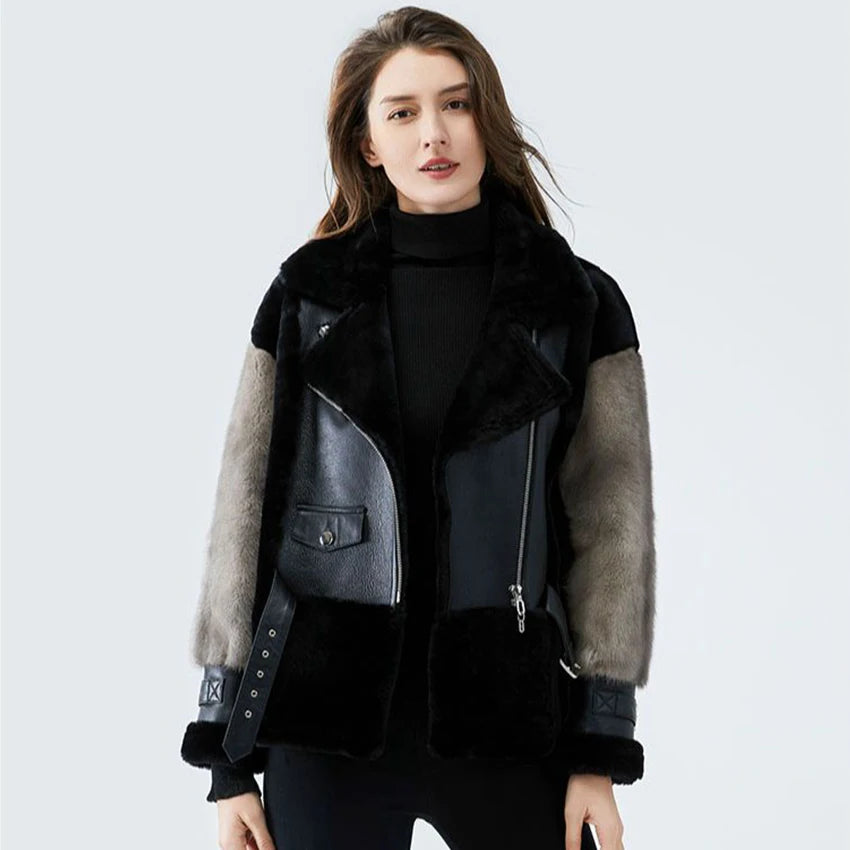 Sheepskin Coat For Women Winter Merino Fur Real Sheep Fur Jacket With Real Mink Fur Sleeve Motorcyle Female Winter Clothings