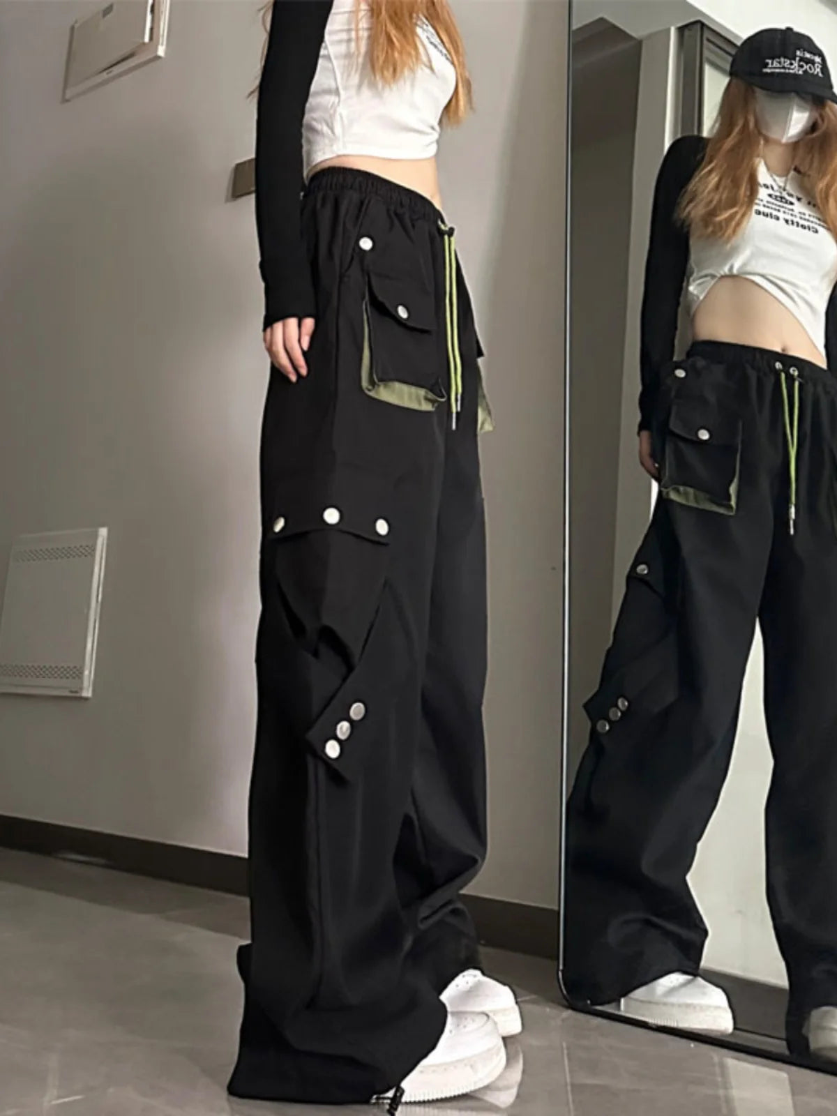 American High Street Workwear Casual Pants Women Loose Color Block Straight Leg Long Pants Pocket High Waist Wide Leg Trousers