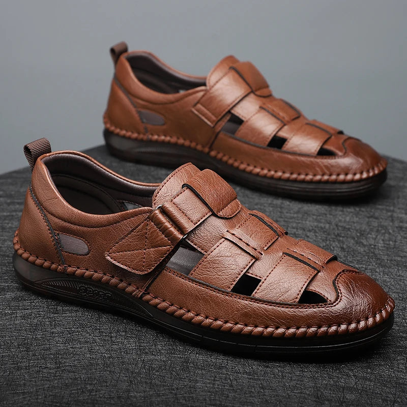 Genuine Leather 2024 Summer Special Offer Men's Business Casual Hollow Work with Holes Leather Sandals Men's Work Hole Sandals