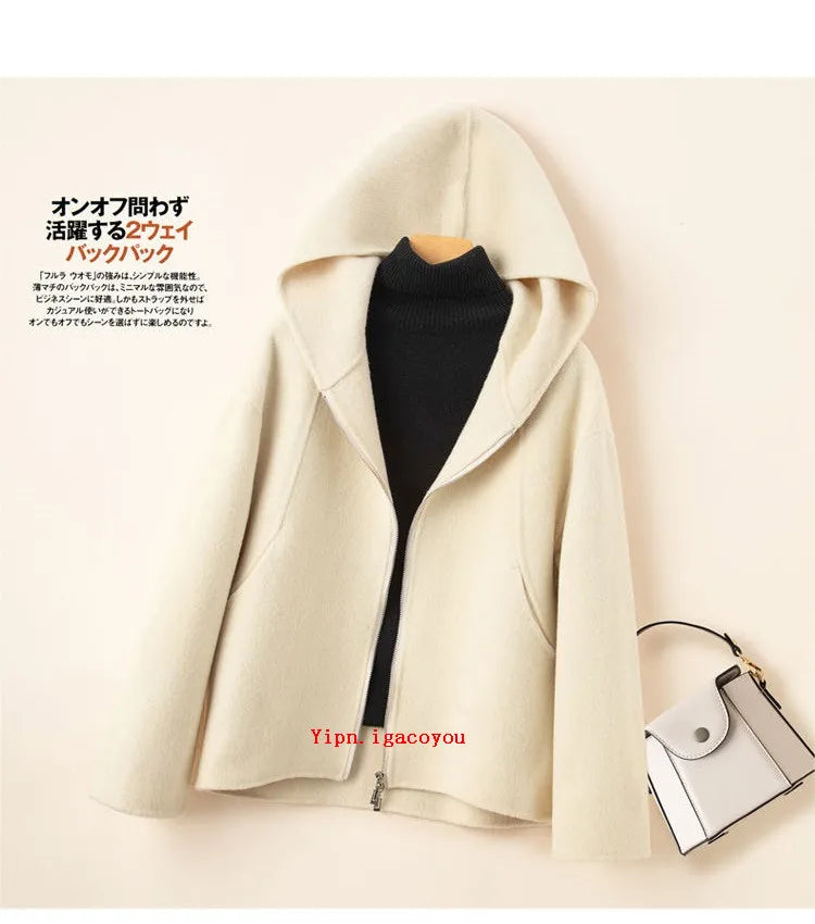 Elegant Woolen Coat Woman 2025 Winter New Fashion Pink Hooded Short Zipper Double-Sided Wool Jacket Ladies Slim Outerwear B810