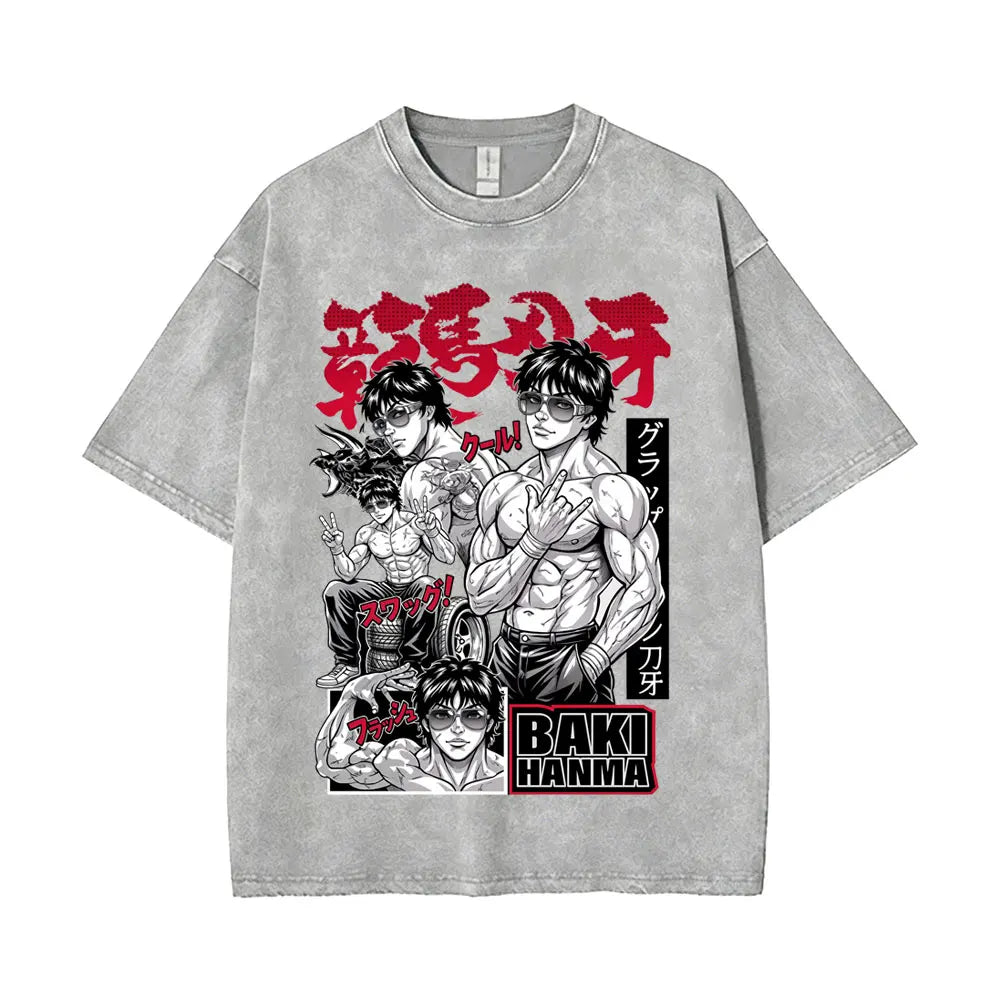 Washed Vintage Anime Baki Hanma Wake Up T-shirt Men Women Retro Manga Oversized T-shirts Men's Casual Cotton T Shirts Streetwear