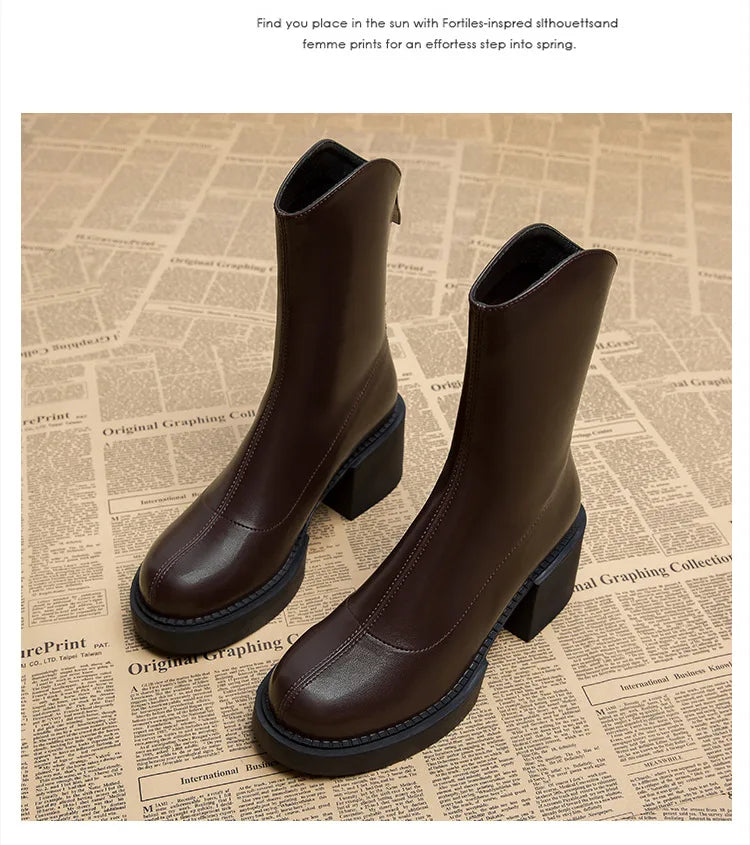 High Heel Women Ankle Boots Fashion High Quality Platform Shoes for Women British Style Brown Boot Comfor Women Waterproof Boots