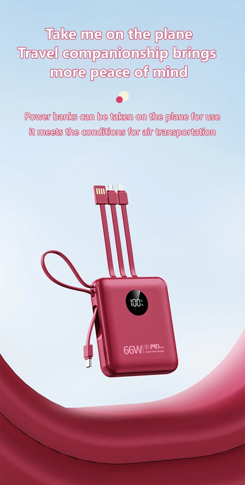 50000mAh PowerBank 66W Super Fast Charging with Cable Large Capacity Compact Portable Mini Shared Four Wire Mobile Power Bank