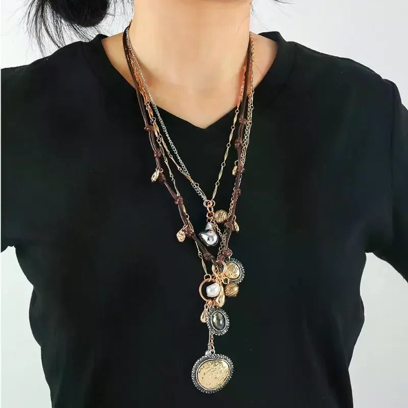 Stylish Women's Bohemian Necklace with Round Coin Badge Pendant; Multi-layer Rope Chain Party Accessory.