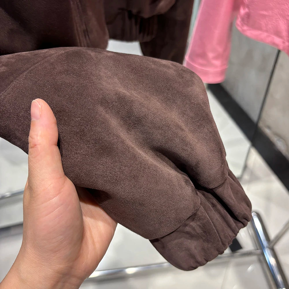 YOLOAgain Suede Leather Jacket Coat Women Real Leather Cropped Jacket Bomber Jacket 2025 Autumn