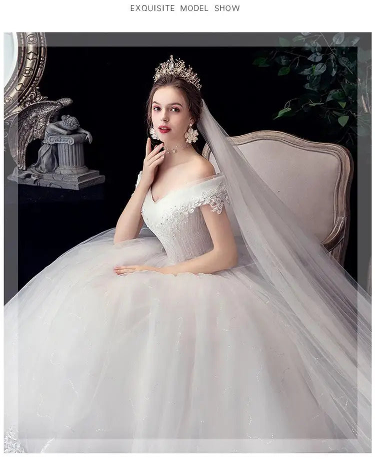 Shiny Wedding Gowns Sweet Boat Neck Wedding Party Ball Gown Off Shoulder Wedding Dresses Customized For Women