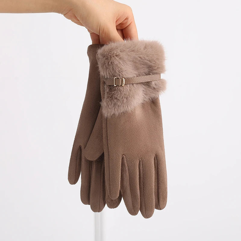 Women's Winter Gloves with Fleece Lining, Warm, Windproof, Cold-Resistant, Plush Decoration, Touchscreen Compatible, Suitable for Driving and Cycling, 1 Pair