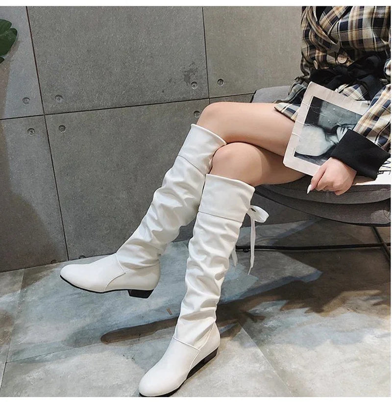 Shoes For Women  Knee High Boots Red Black White Tall Boots Woman Pleated Low Heel Casual Leather Female Long Shoes
