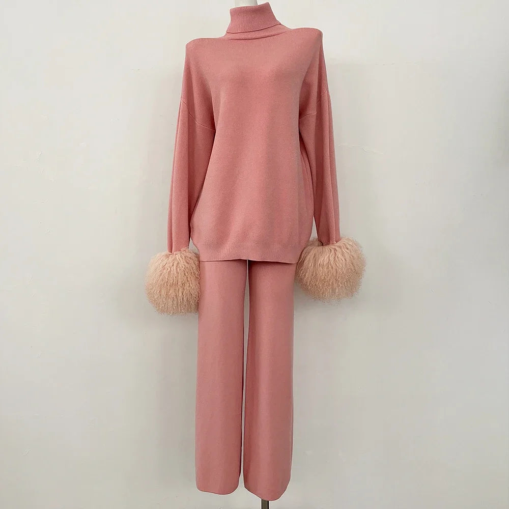 Knitwear Woman Wool & Blend Knitted Pullover and Pants Real Mongolian Sheep Fur Cuffs Sweater Set Real Fur Knitted Suit 2026 New