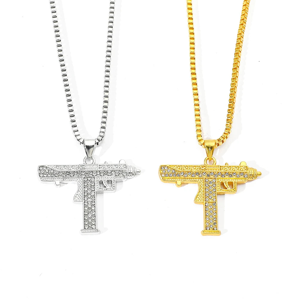 Gold Plated Uzi Gun Pendant Necklace for Men Full Crystal Bling Submachine Chain Hip Hop Accessory Male Jewelry