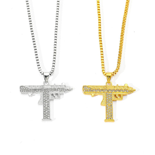 Gold Plated Uzi Gun Pendant Necklace for Men Full Crystal Bling Submachine Chain Hip Hop Accessory Male Jewelry