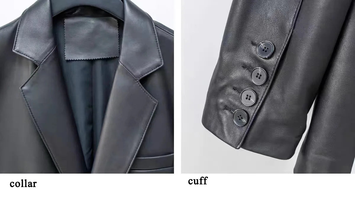 European American Streetwear Leather Jacket For Women Chic Loose Fit Suit Coat Female Flip Pocket Two Bottons White Blazer Mujer
