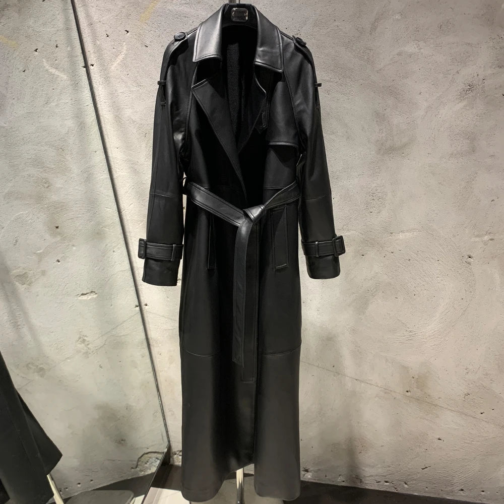 Gold Leather Coat Long Ladies Real Sheepskin Coat Genuine Sheep Leather Windbreak Long 21018