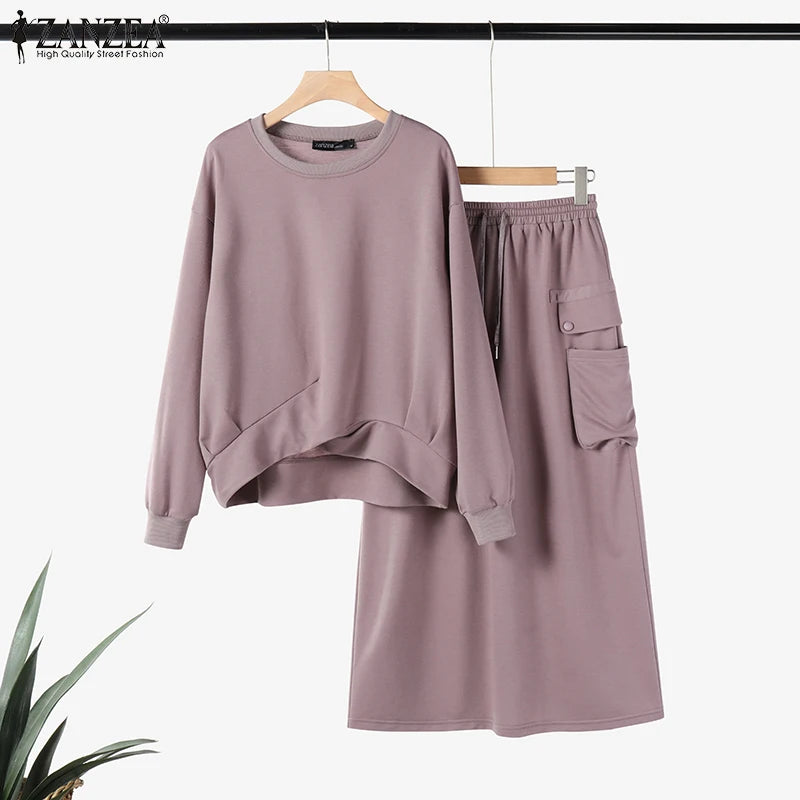 Autumn 2pcs Outfits Winter Stylish Women Sweatshirts Dress Sets 2025 ZANZEA Solid Matching Sets Long Sleeve Hoodies Sundress