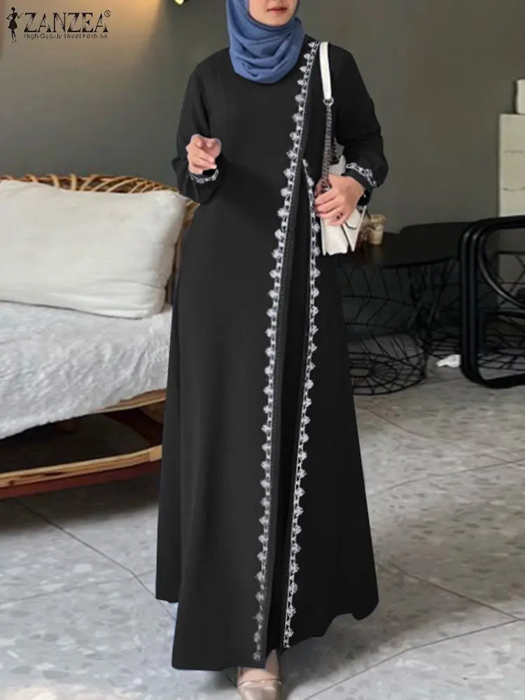 Autumn Lace Crochet Maxi Dress ZANZEA Muslim Turkey Abaya Elegant Loose Vestidos Women Long Sleeve O Neck IsIamic Robe Kaftan