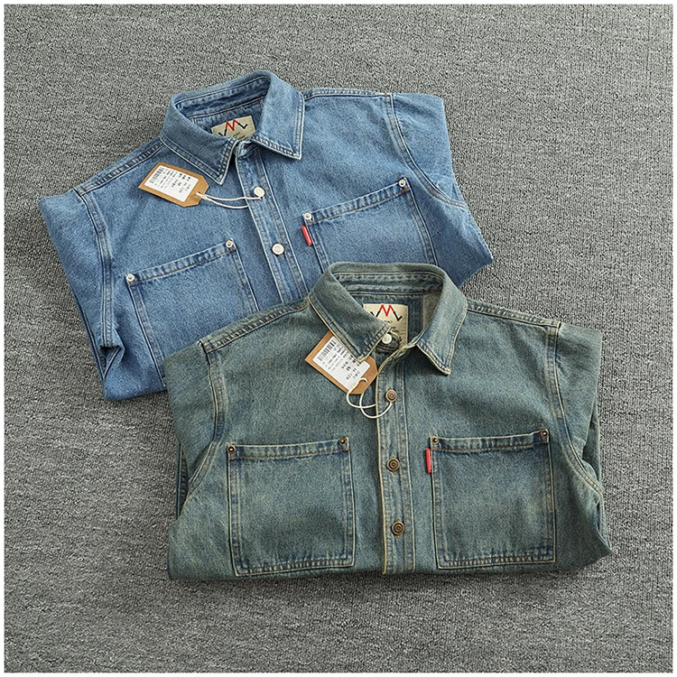 Spring Autumn New American Retro Long-Sleeve Lapel Solid Color Denim Shirt Men's Fashion 100% Cotton Washed Old Casual Blouses