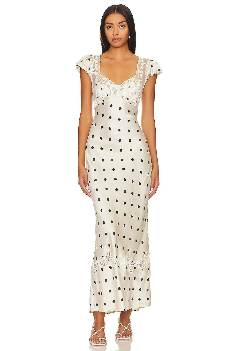 Luxurious Silk Satin Long Dress Elegant Puff Sleeve Polka Dot Floral Gown Sexy Open Back Midi Dresses for Evening Cocktail