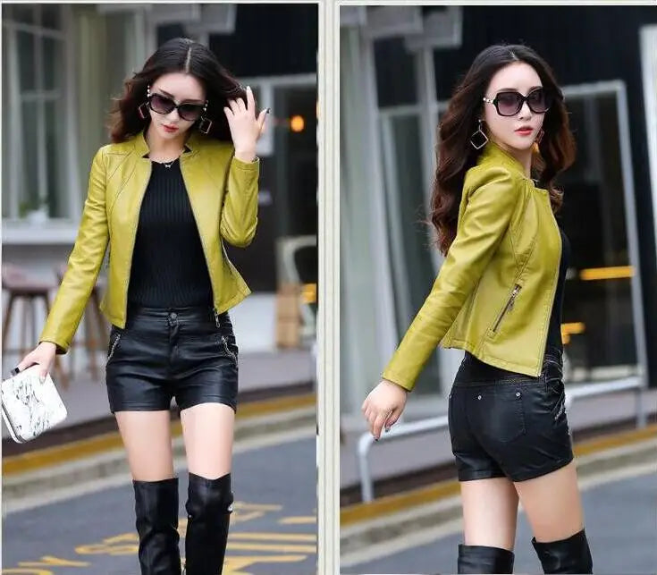 Spring Genuine Leather Jacket Women Real Orange Leather New Outerwear Sheepskin Coat Women's Moto Biker Zipper Jackets