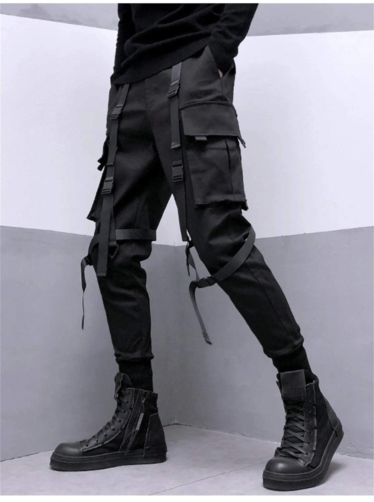 Black Cargo Pants Hip Hop Joggers Men Loose Harem Pants Multi-pocket Ribbon Men's Pants Trousers Streetwear Sport Pants for Men