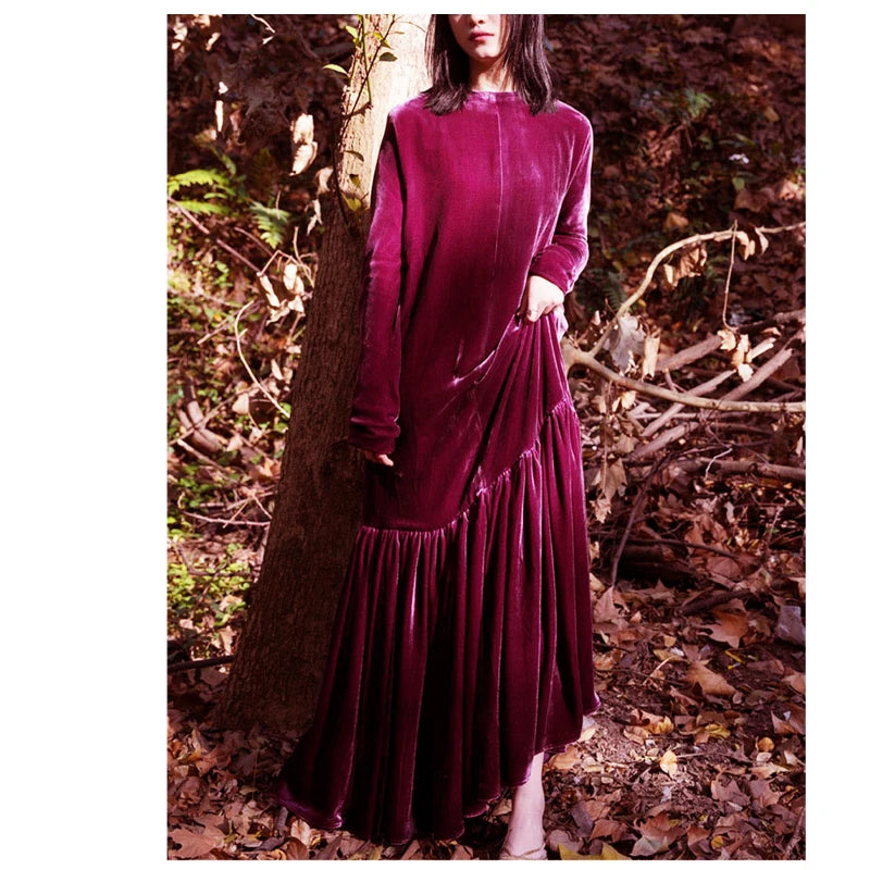 Light Luxury Natural Silk Velvet Women's Dress  Long Sleeve Long Floor-length Dress Temperament Elegant Casual Spring Autumn
