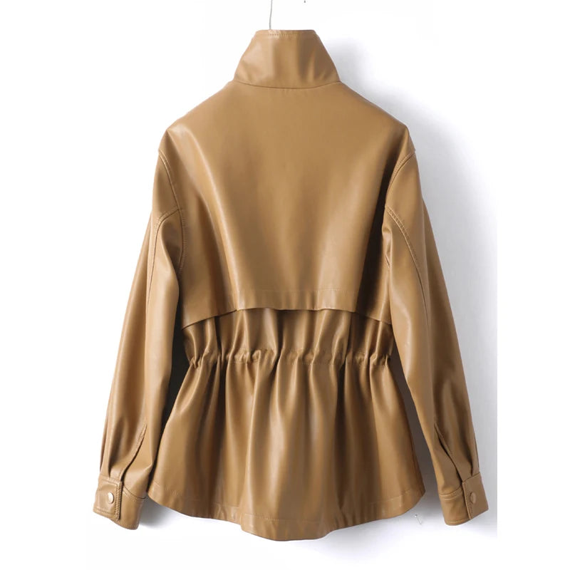 M-3XL Fashion Stand Collar Shrink Waist Sheepskin Jackets 2024 Fall Casual Loose Female Zipper Covered Button Split Leather Coat