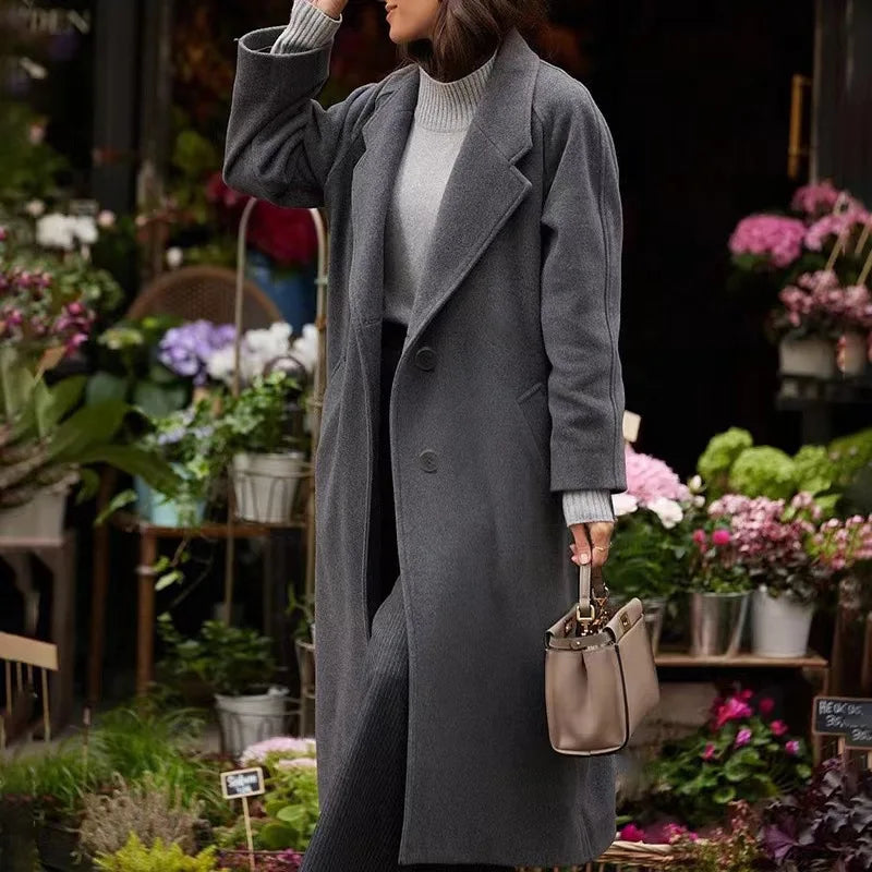 Thick Solid Wool Jackets Women Single Breasted Full Sleeve Coats Casual Warm Turn Down Collar Long Blends Office Lady Autumn