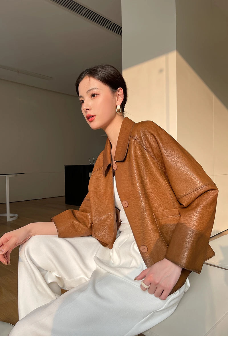High-end Simple Natural Sheepskin Coats for Women 2025 New Trend Casual Single-breasted Lychee Texture Genuine Leather Jacket