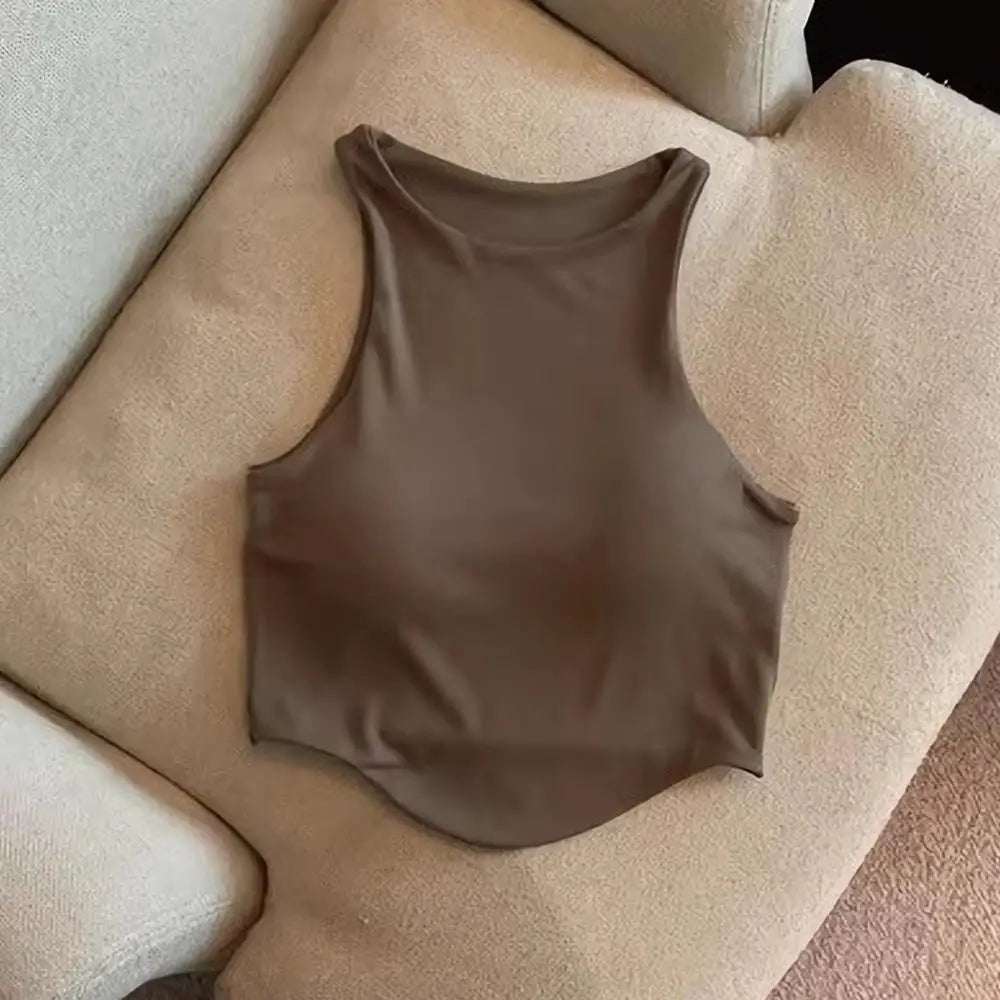 Summer Women Tank Tops Solid Color Camisole with padded Bra sexy Off Shoulder O Neck Elastic Tank Top Casual Sport Vest