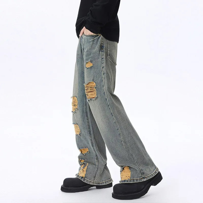 2025 Stylish Minimalistic Washed Ripped Denim Pants for Men Retro High Street Loose Wide Leg Pants for Spring and Autumn