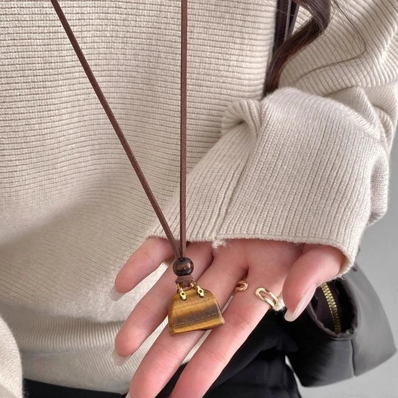 Brown Bag-Shaped Long Necklace Women's Fashionable Sweater Chain Luxurious Vintage Neck Accessory