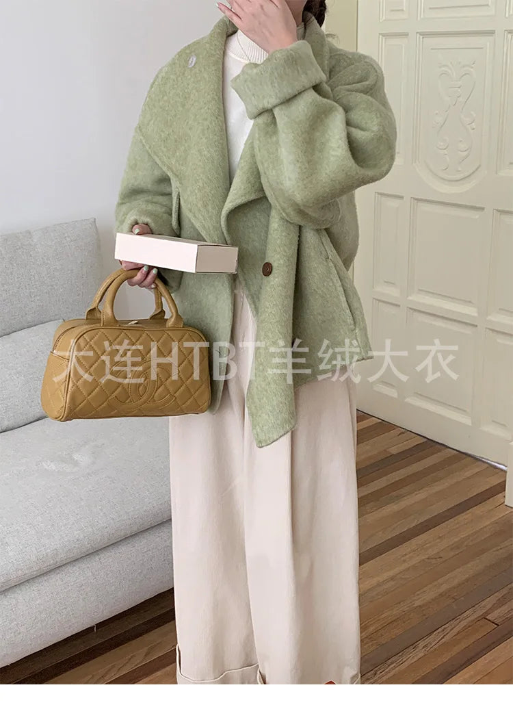 New Winter Short Woolen Coat Fashion Causal Warm Mulberry Silk Lapel Double-sided Wool Coat Loose Suit Jacket Female Tide Autumn
