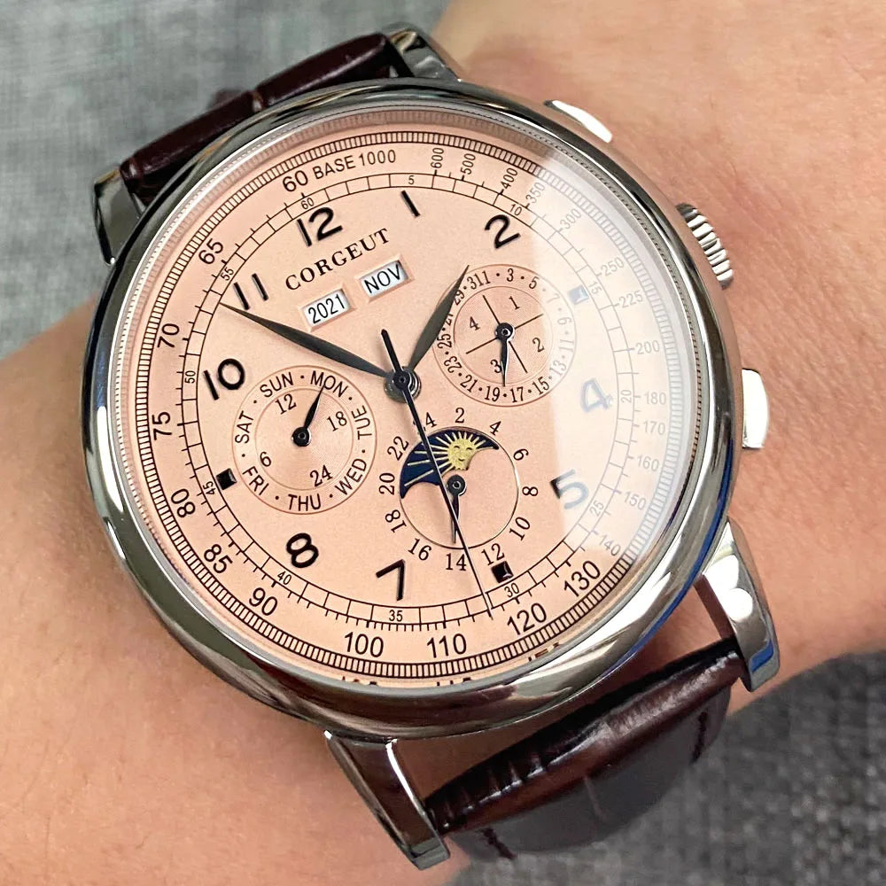 Automatic Watch for Men Multification Date Day Month Year 316L Mechanical Men's Watch Polished Case Day/Night Indicator 42mm