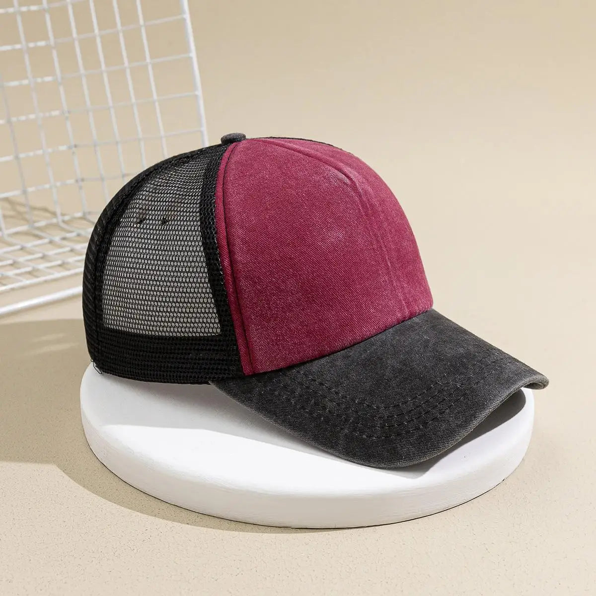 Japanese-style Retro Patterned Board with Solid Color Patchwork, Sponge-covered Top, Semi-netted and Sheer Baseball Cap